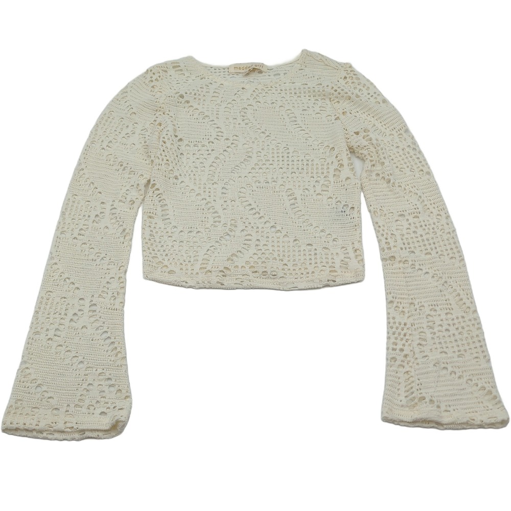 Madden Girl Cream Open Knit Crochet Crop Top Bell Sleeve Boho Festival Small
